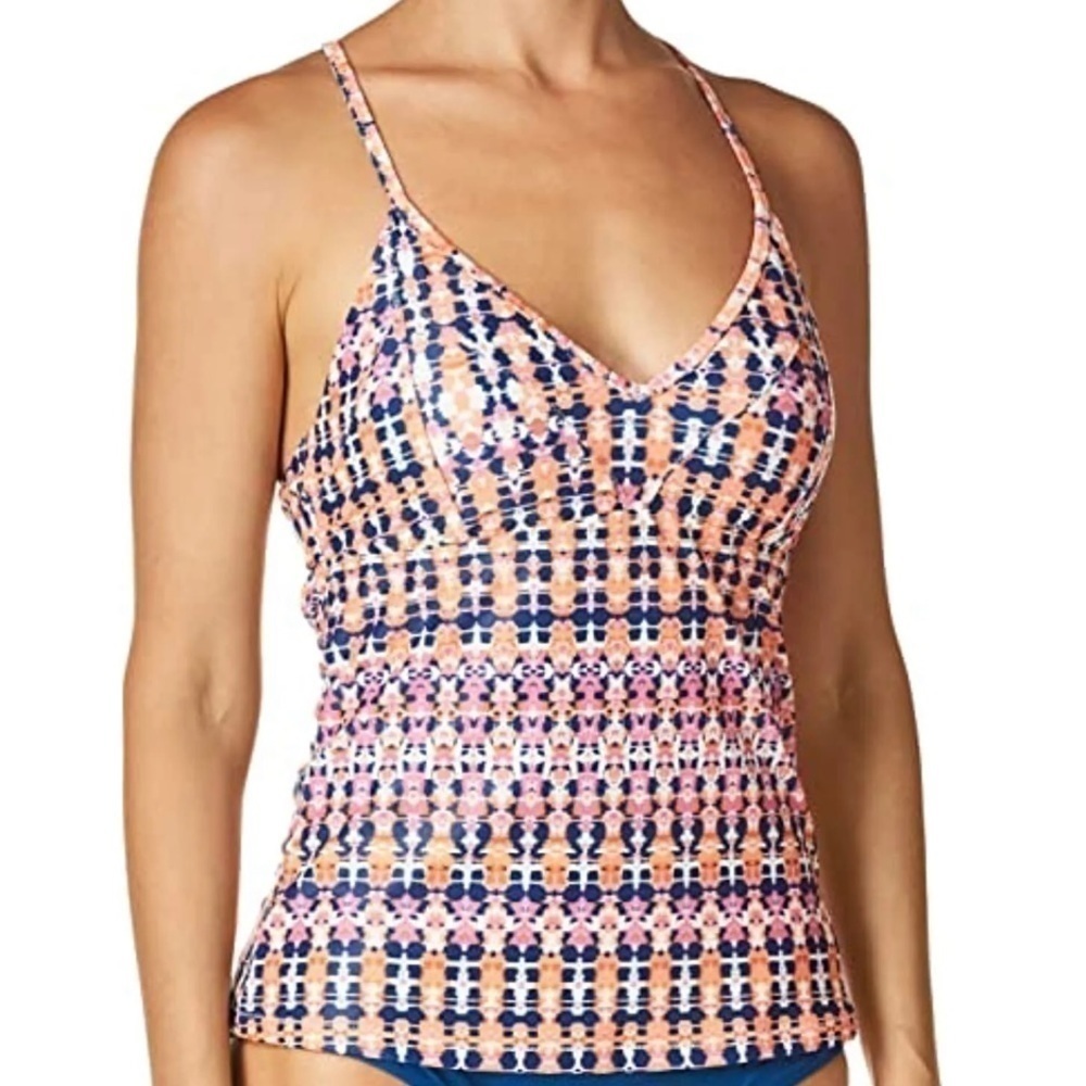 Jessica Simpson BLUE/PINK Laguna Beach Crossed Back Tankini Swimsuit Top